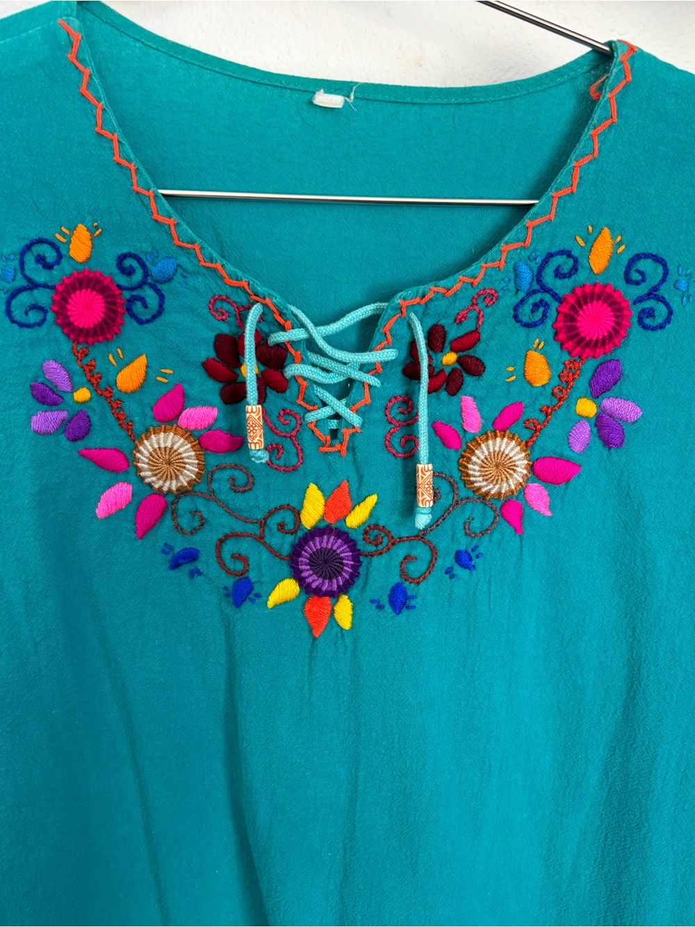 Teal Embroidered Women's Peasant Blouse with Lace-Up Neck